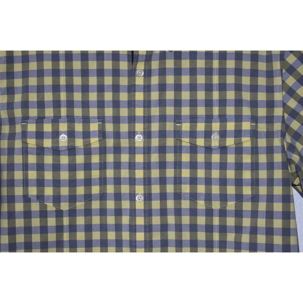 Banana Republic Shirt Mens Large Yellow/Gray Plaid Casual Button Up Short Sleeve